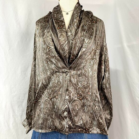 VTG 80s CASUAL CORNER Brown Pink‎ Satin Paisley Blouse Shawl Collar Womens 12 - Picture 1 of 5